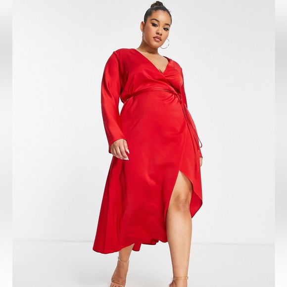 ASOS Curve Dresses & Skirts - ASOS DESIGN Curve bias cut satin wrap dress with tie waist in red